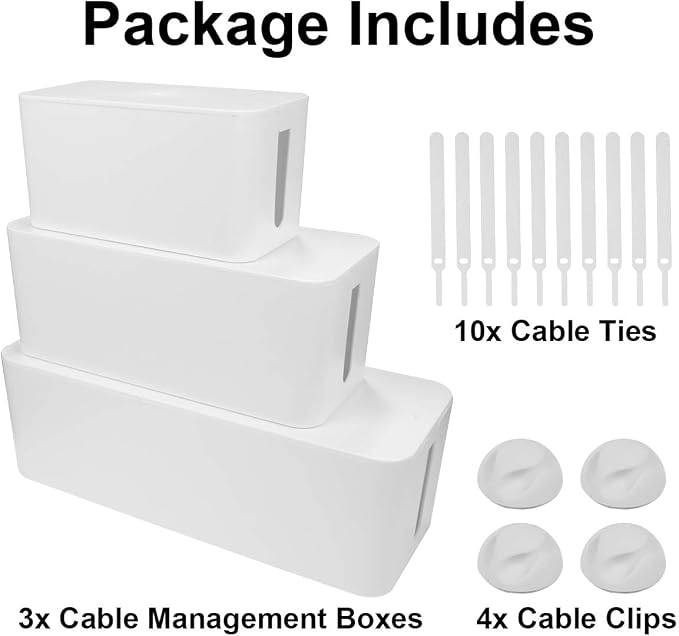 DUNCHATY Cable Management Box 3 Pack - Cord Organizer Box for Desk TV Computer - Large Medium Small Power Strip Cover & Wire Hider - Child & Pet Safe ABS Cord Box with Cable Ties - White