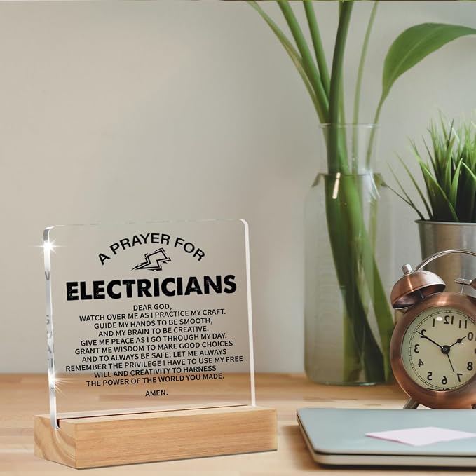 Electrician Gifts for Men Women Desk Accessories Decor Sign | Graduation Gifts for Electricians, Electrician Prayer, Home Office Living Room Desk Decor, Clear, Acrylic, 4 x 4 Inches