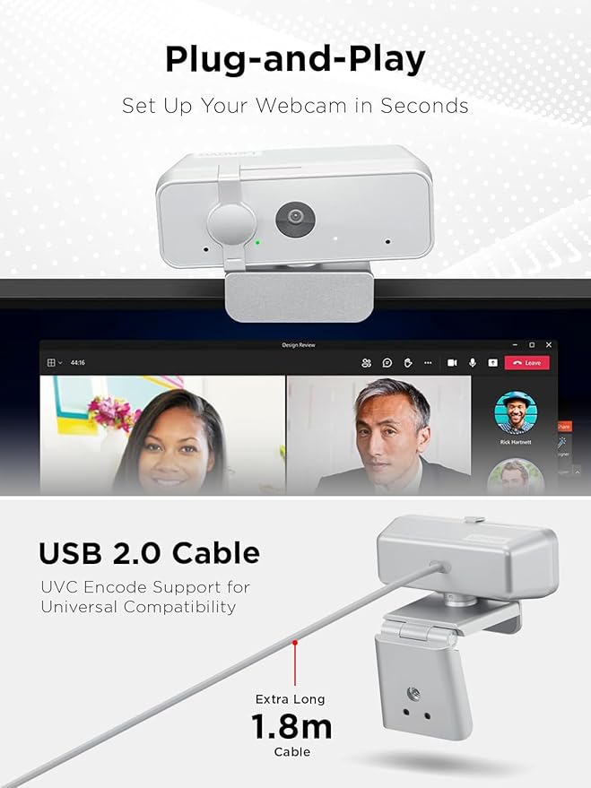 Lenovo 310 FHD Webcam, 1080p, FHD Resolution @30 FPS, Plug-and Play USB Connectivity, 1.8M Cable, 2 Integrated Microphones, External Privacy Shutter, White