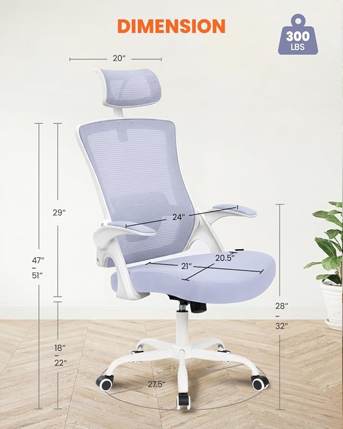 NEO Chair Office Chair High Back Desk Mesh Chair Comfy Computer Gaming Seat with Adjustable Ergonomic Headrest Lumbar Rolling Flip-up Armrests and Wheels (Purple)