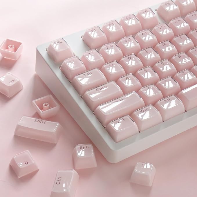 Tsungup Crystal Jelly Pink Keycaps, MDA Profile-Clear Translucent Jade Keycaps,130 Keys Shine Through Custom Key Caps Keyboard Keycap Set for 60%,65%,75%,100% Cherry MX Keyboard Mechanical
