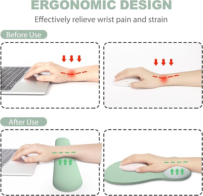 Ergonomic Mouse Pad with Wrist Rest and Keyboard Wrist Rest, Gel Mousepad and Wrist Rest for Computer Keyboard, Pain Relief, Non-Slip PU Base, Mouse Pad with Wrist Support for Gaming, Office, Green