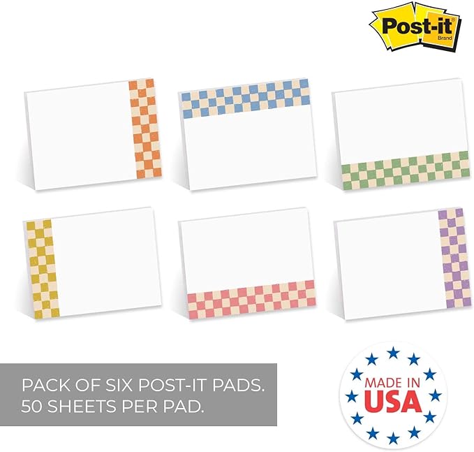 Retro Checkered Sticky Notes / 4" x 3" Repositionable Sticky Note Pads/Six Colorful Designs/Made in The USA