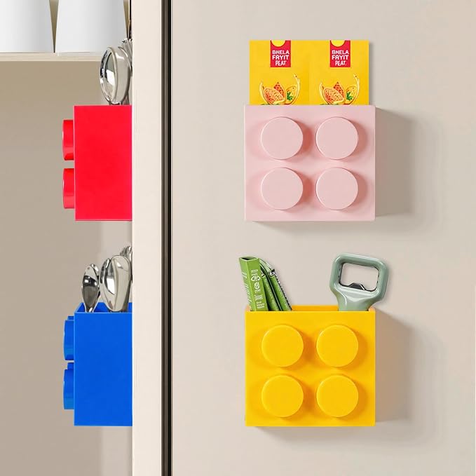 Magnetic Basket Organizer for Fridge - Lego-Style ABS Plastic Storage Box,No Drill Design for Kitchen Counter, Microwave & Whiteboard, Holds Up to 3.5 lbs(Pink)