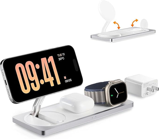 PETINO 3 in 1 Wireless Charging Station for Apple Devices with MagSafe | For iPhone 17/Air/16/15/14/13/12, AirPods & Apple Watch, Foldable Portable Aluminum Charging Stand, Adapter Included