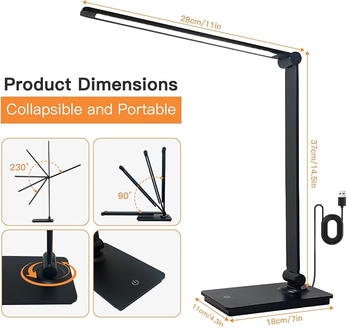 LUJOLUMIN Foldable LED Desk Lamp, 700LM Eye-Caring Light with USB Cable | Metal Dimmable Table Lamp, 3 Brightness Levels, Touch Control, for Home Office Kids