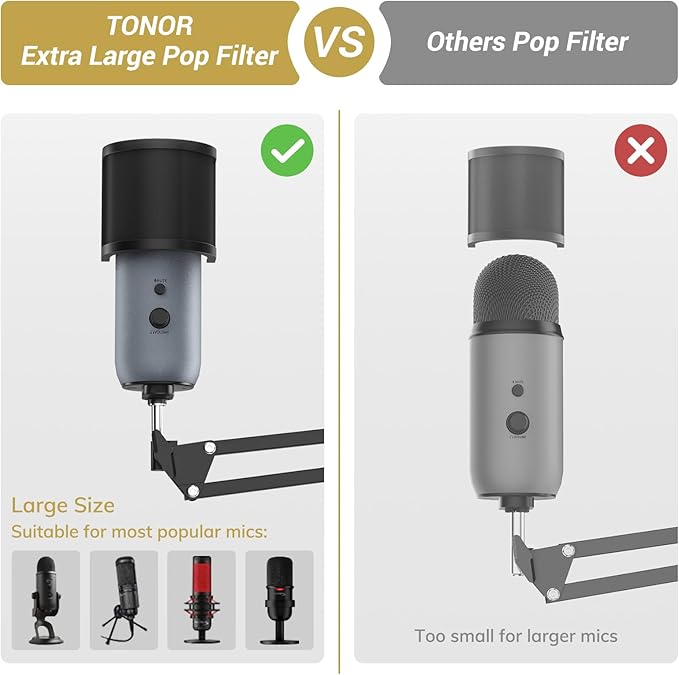TONOR Microphone Boom Arm, Adjustable Microfono Stand Mic Arm with Extra-large Pop Filter, 3/8’’ and 5/8’’ Screwadapter, Equipment for Podcast, Recording, Streaming, 40 cm +40 cm, T40
