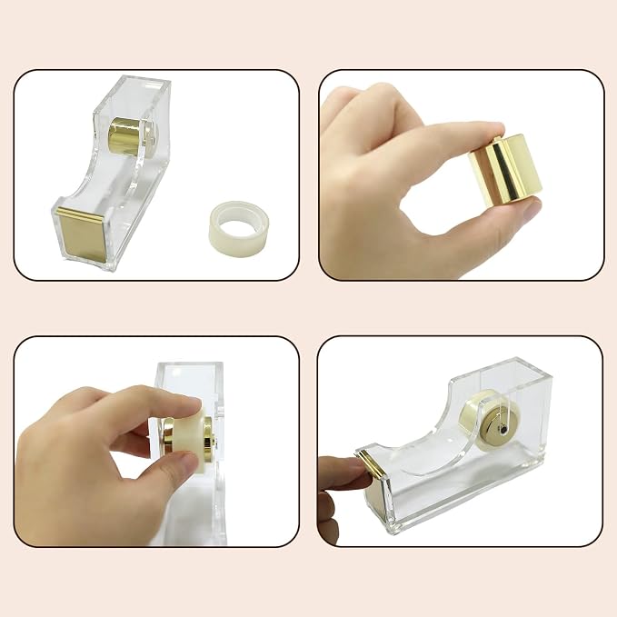 Gold Tape Dispenser, Clear Acrylic Desk Tape dispensers with Serrated Metal Edge, Modern Aesthetic Office & Craft Tape Organizer for Gift Wrapping, 1 Inch Core, Non-Slip Weighted Base