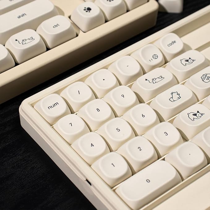 MOA Profile Cute Dog Keycaps, 124 Keys PBT Keycaps Set, Minimalist White Keyboard Caps, Custom Dye Sublimation Key Caps for 61/64/68/84/87/100/104/108 Cherry MX Mechanical Keyboards