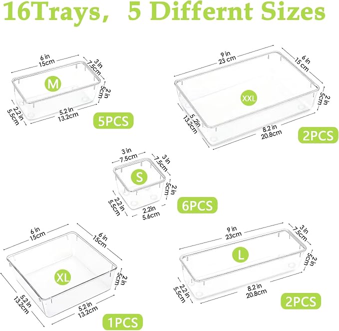 Clear Acrylic Drawer Organizer Trays, 5 Size Junk Box Organization Small Storage Container Bin for Desk Makeup Bathroom Vanity Kitchen Tool Make Up Workspace Home Dorm Apartment Office Room Nightstand