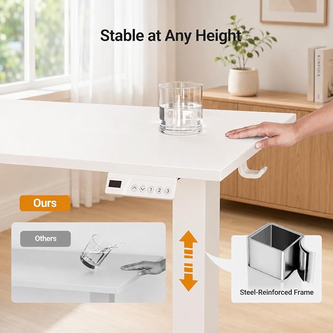 Claiks Electric Standing Desk, 55x24 Inch, White | Adjustable height for sit-stand, 156lbs capacity, scratch-resistant surface, 3 memory presets, cable management & hook.