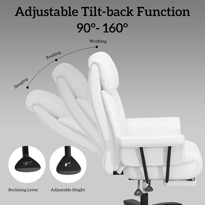 GYI 160 Reclining Office Chair with Footrest, Big & Tall Desk Chair, White | Cross Legged Seat, High Back, Faux Leather, Heavy Duty Base, Adjustable Height, for Home, Executive