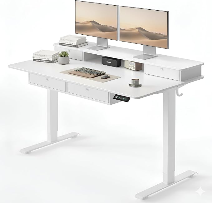 CubiCubi 48" x 24" Standing Desk with Drawers, Height Adjustable Electric Workstation, Computer Sit Stand Up Table with Large Storage Shelf 4 Drawers and 2 Hooks, White