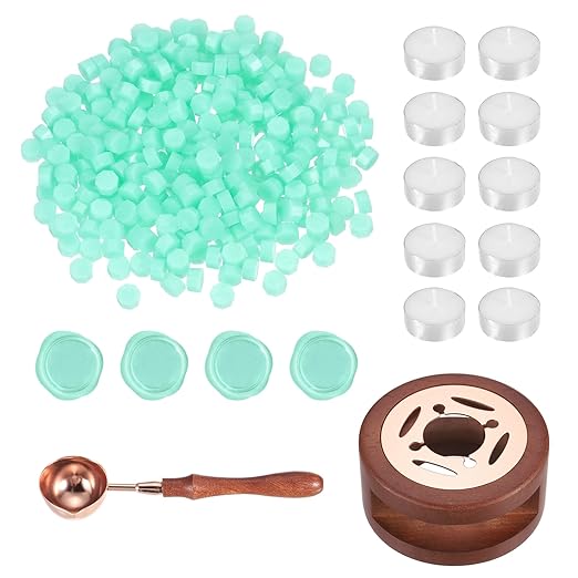 PATIKIL Wax Seal Kit, 300 Pcs Wax Sealing Beads, Wooden Warmer, Melted Spoon, 10 Pcs Tealight Candles for Envelope Letter Mailing Crafts DIY, Clear Green