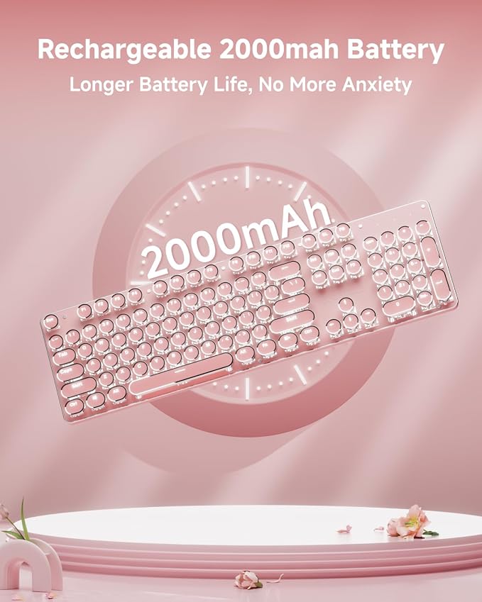 TK950 Typewriter Wireless Mechanical Keyboard, Aesthetic Tri-Mode Bluetooth/2.4G/Wired Retro Punk Typewriter Keyboard with White Backlit, Blue Switch, Round Keycaps for Laptop/Mac/iPad/Win, Pink