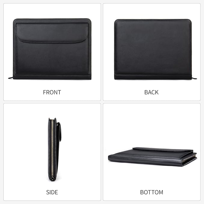 Genuine Leather Portfolio for Men Women Zipper Business Resume Padfolio Organizer Binder A4 Meeting Folder 13 inch black