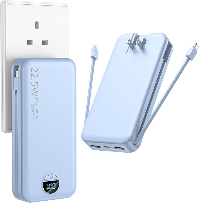 Ffnpua Portable Charger with Wall Plug, 20000mAh USB C Power Bank Fast Charging, External Battery Pack with Built in Cables, Digital Display, 5 Output 2 Input for iPhone Android Cell Phone Tablet