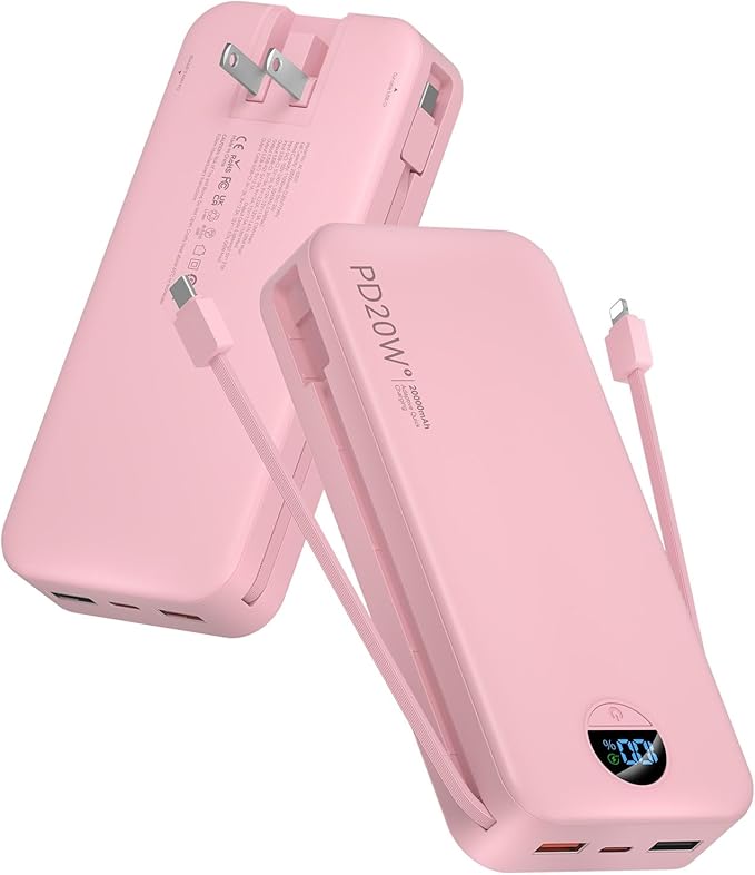 citicr Portable Charger 20000mAh PD20W w/Built-in Cables & Wall Plug Pink | High capacity, Fast charging, Built-in wall plug, LED display, Charge 5 devices at once, Pass through charging, TSA approved