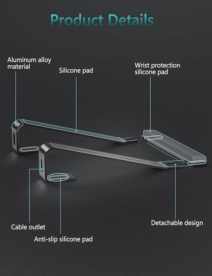 Aluminum Laptop Stand, Notebook Stand with Wrist Rest, Ergonomic Detachable Laptop Mount, Computer Stand Compatible with 10-17'' All Laptops Such as MacBook Air Pro/HP/Dell/Lenovo, Black