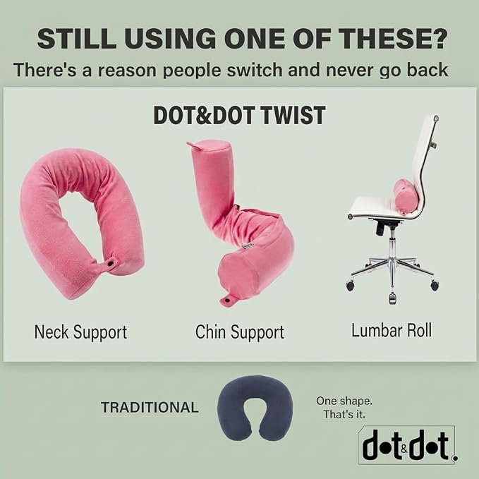 Dot&Dot Twist Memory Foam Travel Pillow, Bendable Neck Pillow for Airplane, Car and Home, 26-Inch Adjustable Roll with Washable Cotton Cover, Pink
