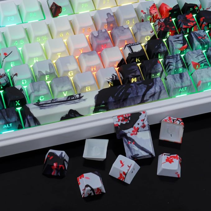 JOMKIZ Ink Painting Keycaps, Red Plum Blossom Landscape Cherry Profile Custom Keycap Set, 130-Key PBT Side-Printed Shine-Through Keycaps for Mechanical Keyboards