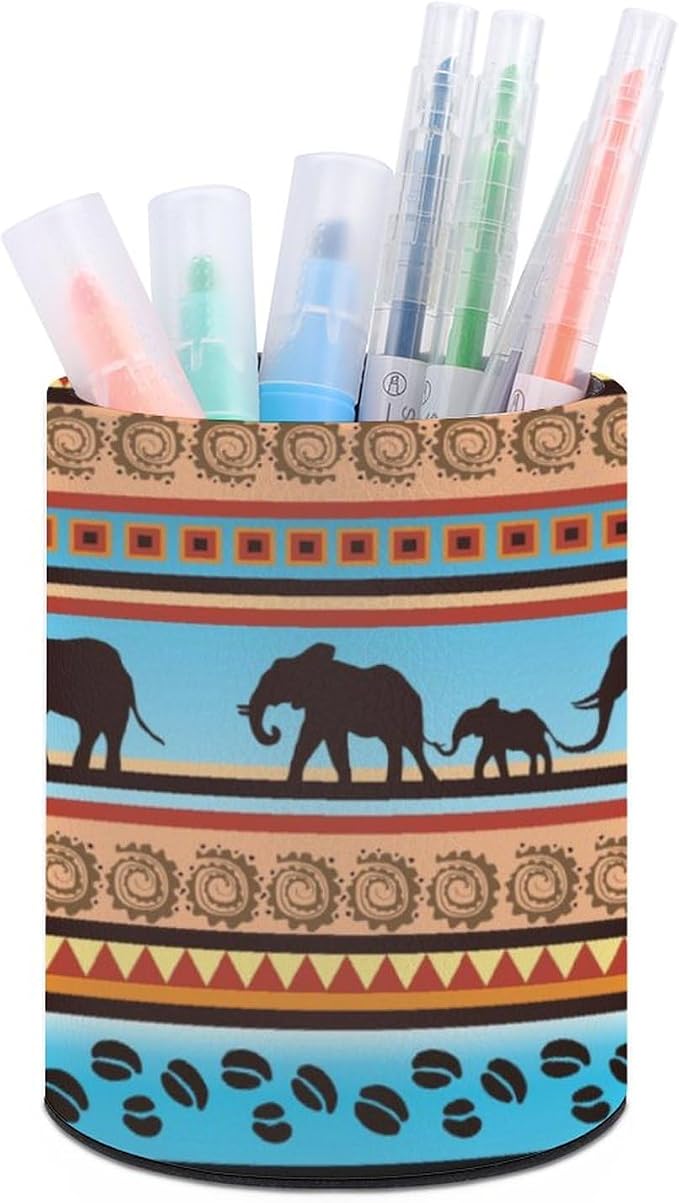 Tribal Ethnic Elephant Pen Holder for Desk PU Pencil Cup Organizer | Round Desks Makeup Brush Holder for School Multifunctional Office Supplies