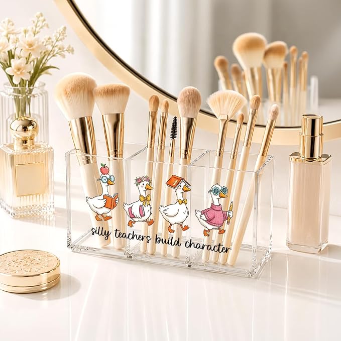 Silly Teachers Build Character Acrylic Pen Holder for Desk, Cute Goose Theme Desk Organizer for Office Home, First Day of School Gifts, Funny Back to School Appreciation Gifts for Women Teachers