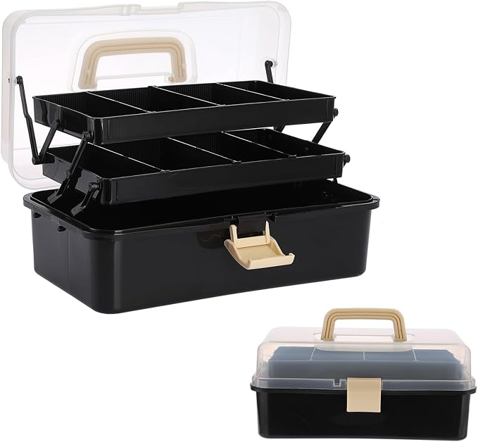 BTSKY 3-Layer Plastic Dividing Storage Box Craft Organizer and Storage | Portable Handled Art Supply Organizer with Adjustable Spacers Multipurpose Home Utility Box for Medicine Sewing(Black+Beige)
