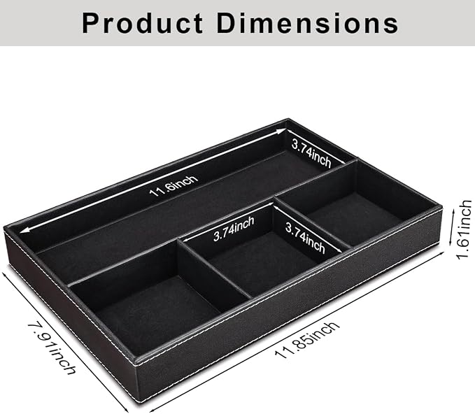 Pu Leather Desk Organizer Tray, 4 Compartment Office Storage Supplies Stationery Drawer Tray, Nightstand Bedside Tray for Key, Wallet, Sunglass, Watch, Coin, Phone Valet Tray Stackable Black