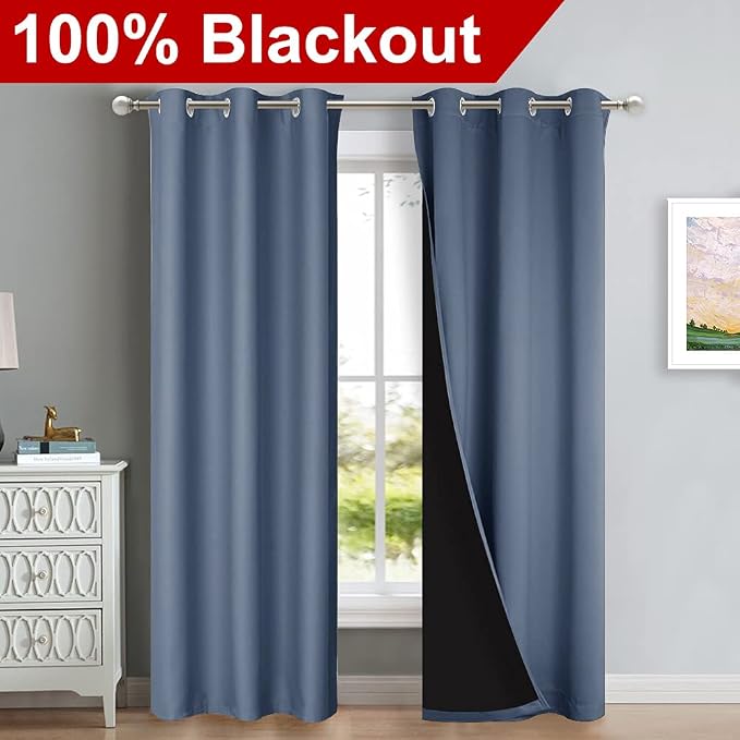 NICETOWN Blackout Curtains 80 inches Long, Full Light Blocking Drapes with Black Liner for Nursery, Thermal Insulated Draperies for Hall, Villa (Stone Blue, 2 Pieces, 42" Wide Each Panel)