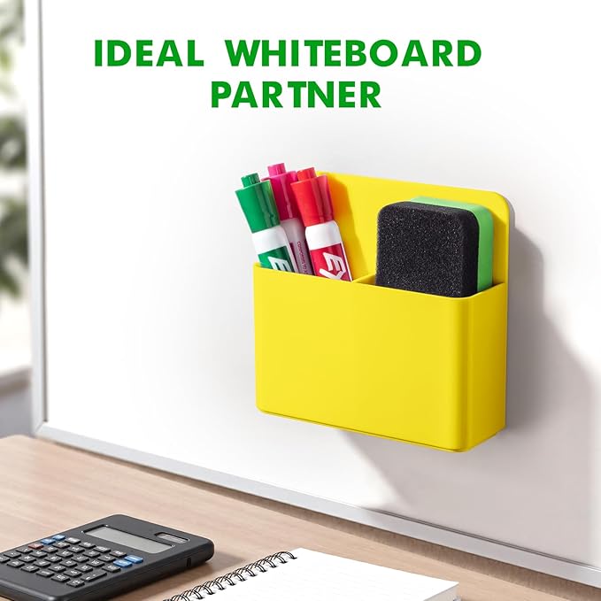2 Pcs Magnetic Dry Erase Marker Holder for Whiteboard, Plastic Magnetic Pen Holder for Refrigerator Fridge, Magnet Pencil Cup for School Classroom, Locker Accessories,Pen Cup Organizer-Yellow