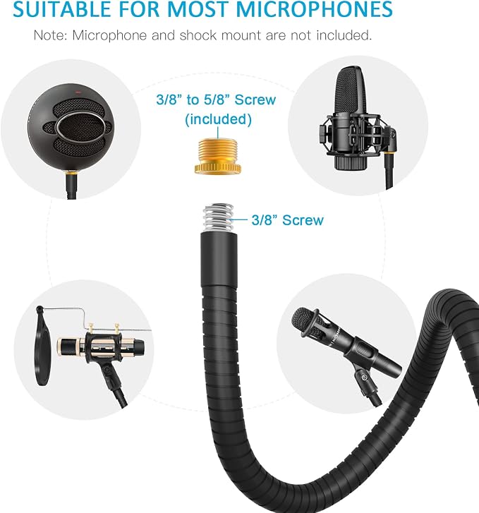 ZealSound Microphone Stand Gooseneck 19”, Flexible Clamp-On Desktop Mic Stand with 360° Adjustable Arm, 3/8" to 5/8" Adapter, Heavy-Duty Desk Mount, for Podcasting, Streaming, Podium & Public Speaking