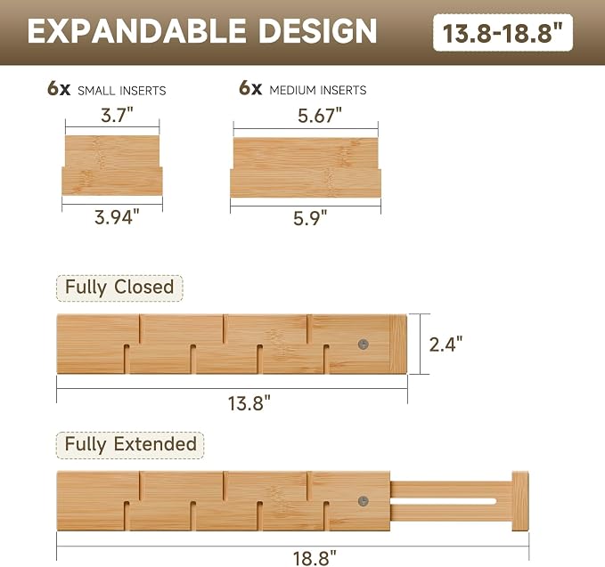 Bamboo Drawer Dividers, Expandable Kitchen Drawer Organizer | Include 6 Dividers, 6 Small Inserts and 6 Medium Inserts for Home, Office, Dressers