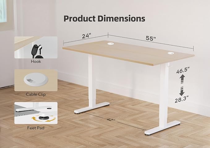YDN Electric Standing Desk, 55 x 24 Inches Adjustable Height Stand up Desk with Cable Management, Home Office Desks with Splice Board & Frame, Nature Top
