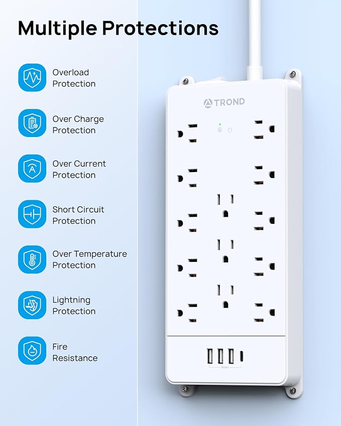 TROND Surge Protector Power Strip 10 ft Cord - Long Extension Cord, 4000J, 13 Widely Outlets with USB C Ports, Flat Plug, Wall Mount, 1875W, Home Gaming Dorm Room Essentials, ETL Listed, White