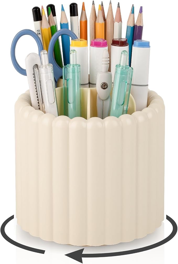 360° Rotating Pen Holder for Desk Removable Pencil Organizer, Beige | 7 Slots Pen Cup Cute Office Supplies and Accessories Plastic Desktop Storage Box Art Caddy for School, Work, Home