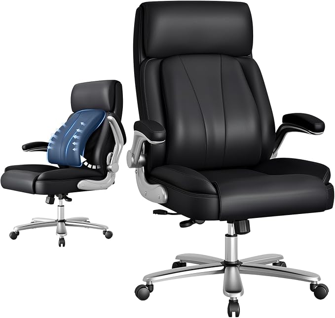 Executive Office Chair, Ergonomic Desk Chair, 500lbs Heavy Duty Comfy Computer Chair with Adjustable Lumbar Support, Flip-up Arms, Wide Thick Seat, High Back Office Chair for Back Pain