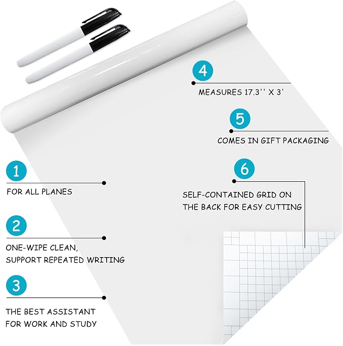 White Board Dry Erase-Whiteboard for Wall-Whiteboard Paper Peel Stick and Roll with 2 Dry Erase Markers-Adhesive Dry Erase Board for Office/Classroom/Fridge/Desk/Glass/Door(17.3''X36.2'' White)