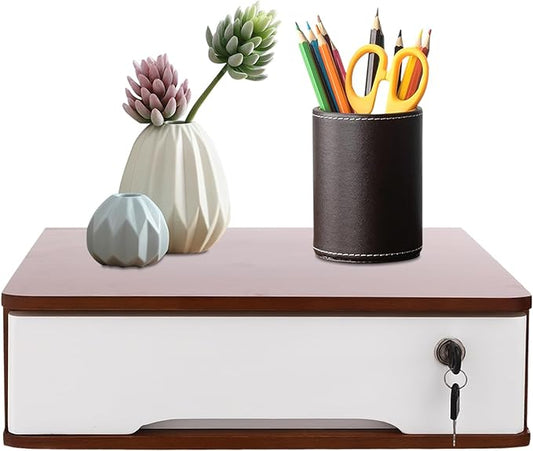 Desktop Storage Box with Lockable Drawer, Office Supplies Drawer Organizer, Wooden Desk Organizer, Small Bamboo Storage Box for Desk, Modern Desktop Drawer Organizer (Walnut+White)