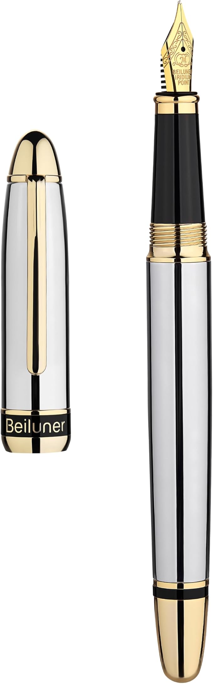 BEILUNER 315 Silver Chrome Fountain Pen,Stunning Luxury Pens with 24K Gold Accents, Gorgeous 24K Gilded Nib(Medium), Ink Converter,Fancy Pen Gift for Men&Women-Elegant, Office, Reliable, Nice Design