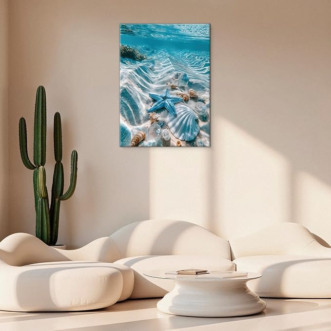 Coastal Beach Seashell Wall Art Decor Blue Ocean Starfish Painting Picture Artwork Seascape Aesthetic Wall Decor for Home Beach Room Bedroom 11x15 Canvas Framed