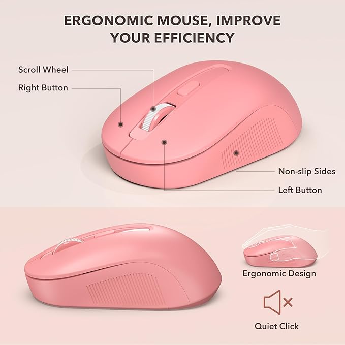 Wireless Keyboard and Mouse Combo, Retro Keyboard with Round Keycaps, Full-Size Typewriter Style Keyboard with Detachable Wrist Rest, 2.4GHz Only Cordless Connection for Windows/PC/Laptop (Baby Pink)