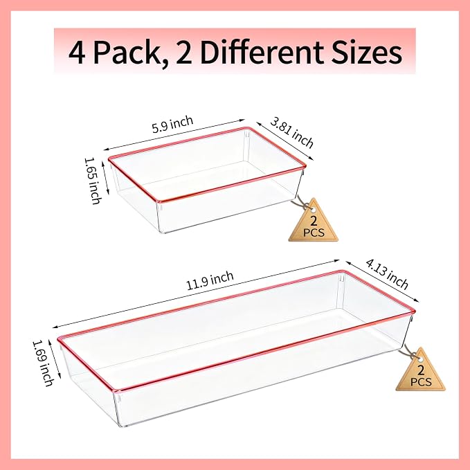 4 Pack Large Size Clear Stackable Drawer Organizer Trays, Rose Gold Rim Makeup Drawer Storage Tray Divider, Desk Storage for Makeup, Jewelry, Bathroom, Stationary, Kitchen Utensils and Office Desk