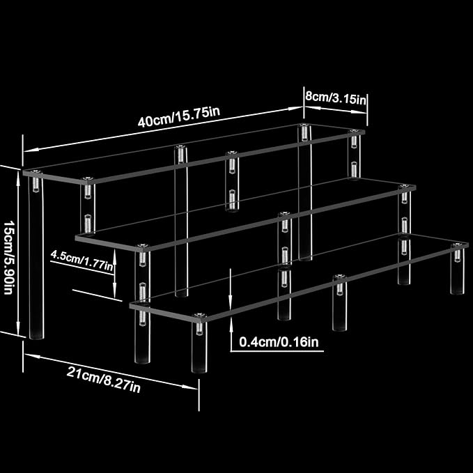 Acrylic Riser Display Shelf, 3 Tier Acrylic Shelves for Figures, 15.8 Inch | Large Clear Perfume Organizer, Display Stand for Funko Pop Amiibo Figures, Shelf Risers for Cupcake and Collectibles, 1 Pack