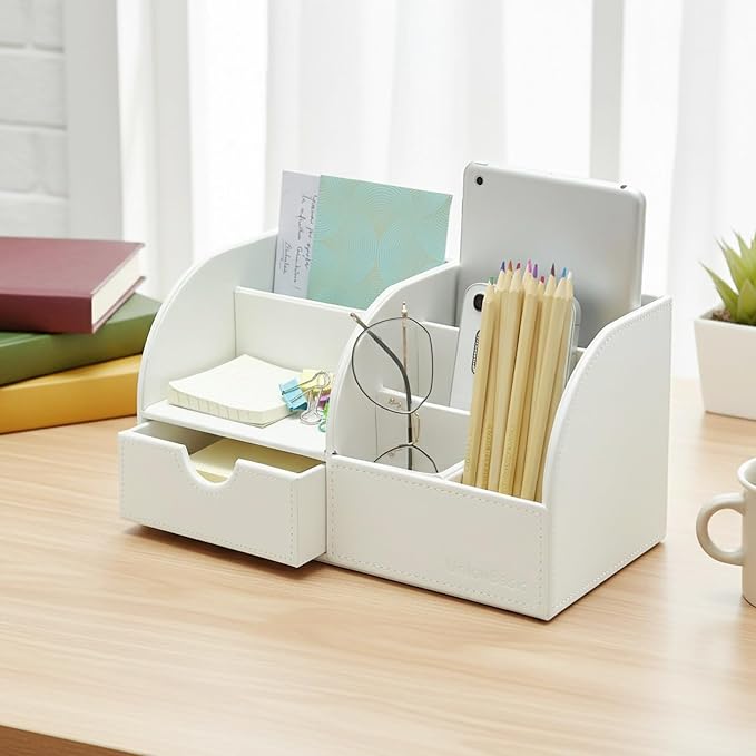 UnionBasic Desk Organizer - Multifunctional Leather Desktop Pen Holder Storage Box - Business Card/Pen/Pencil/Mobile Phone/Stationery Holder, White
