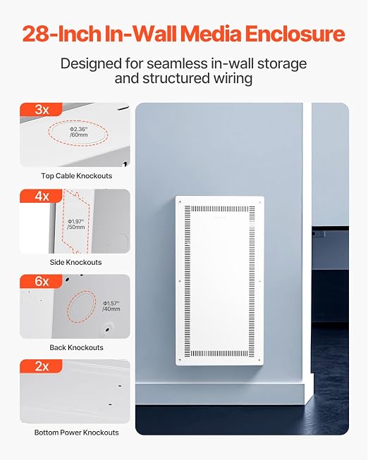 VEVOR Structured Media Enclosure, 28-Inch, Recessed in-Wall Media Box with Cover, Wall-Mount Cable Management Box Kit, Structured Wiring Multi-Media Cabinet, Cold-Rolled Steel, for TV Home Theater