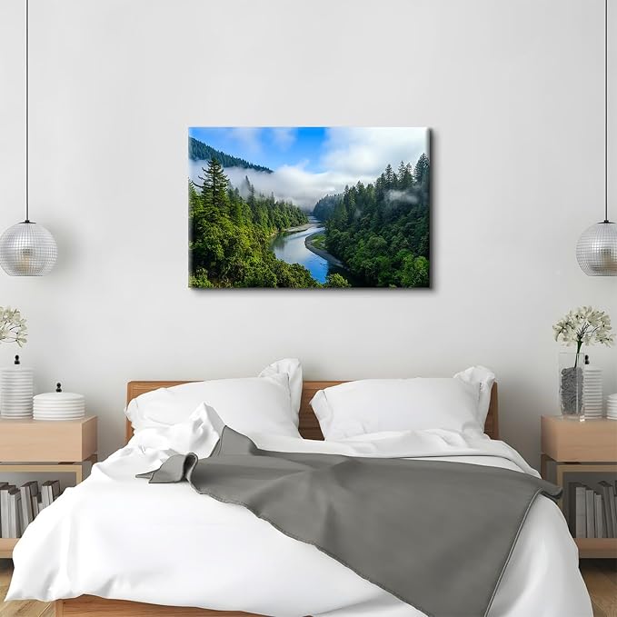 Mountain Forest Wall Art Large Wall Decor for Kitchen California Redwoods Pine Trees Pictures Wall Decor Misty Rainforest Scenery Paintings Canvas Prints Yosemite Artwork Bathroom Decorations 32x48"