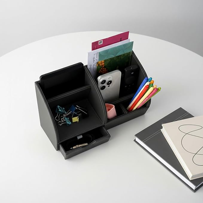 UnionBasic Desk Organizer - Multifunctional Leather Desktop Pen Holder Storage Box - Business Card/Pen/Pencil/Mobile Phone/Stationery Holder, Taiga Dark Gray