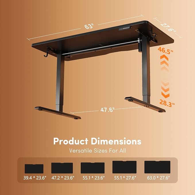 FEZIBO Standing Desk, 63×28 Inches Electric Height Adjustable, Sit Stand Up, Computer Office Desk with Splice Board, Black Frame/Black TOP