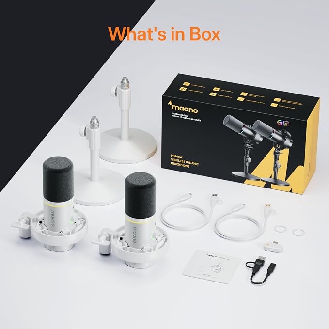 MAONO PD200W Hybrid Wireless Podcast Equipment Bundle for 2, XLR USB Dynamic Microphone Kit with 2 Desktop Stand, Software, Noise Cancellation, for Co-hosted, Podcasting, Content Creation,White